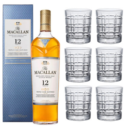Macallan 12 Year Old Triple Cask Single Malt with set of 6 Whisky Tumblers